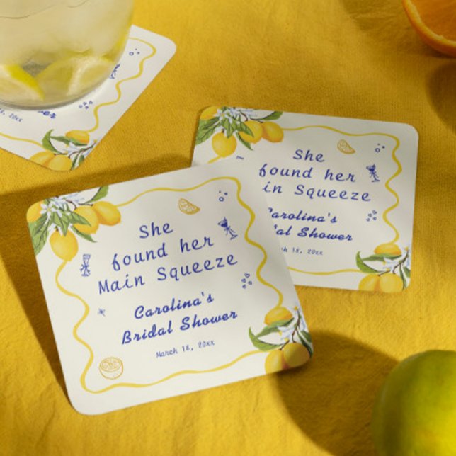Hand Drawn Main Squeeze Bridal Shower Lemon  Square Paper Coaster (Creator Uploaded)