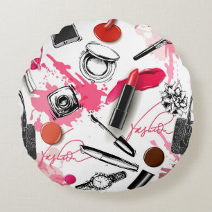 Hand-drawn makeup, vintage graphic pattern. round pillow