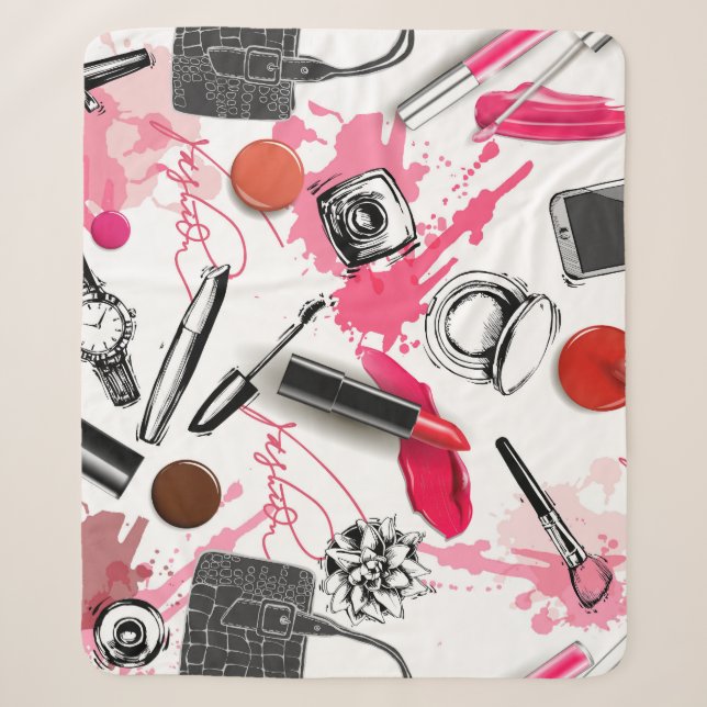 Hand-drawn makeup, vintage graphic pattern. sherpa blanket (Front)