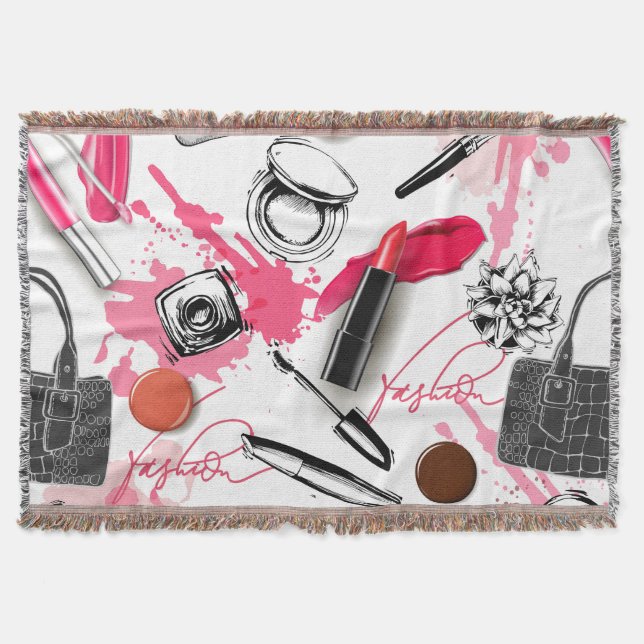 Hand-drawn makeup, vintage graphic pattern. throw blanket (Front)