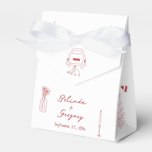 Hand Drawn Maroon Illustrations Doodles Wedding Favor Box (Front Side)