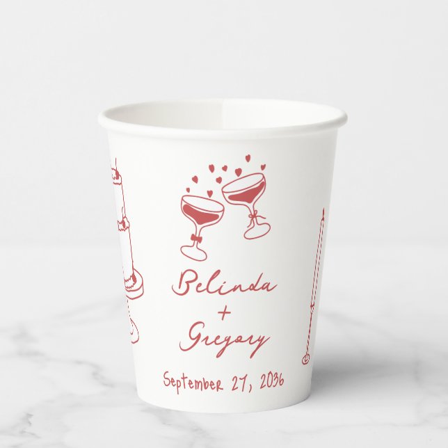 Hand Drawn Maroon Illustrations Doodles Wedding Paper Cups (Left)