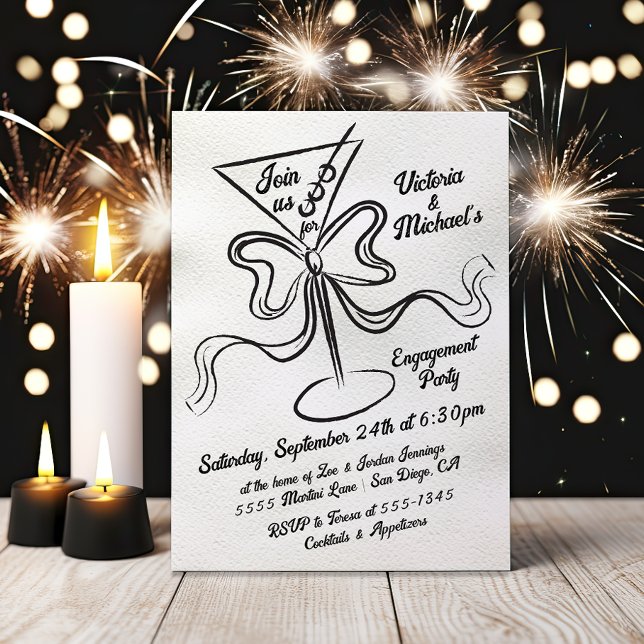 Hand Drawn Martini Bow Funky Engagement Party Invitation (Creator Uploaded)
