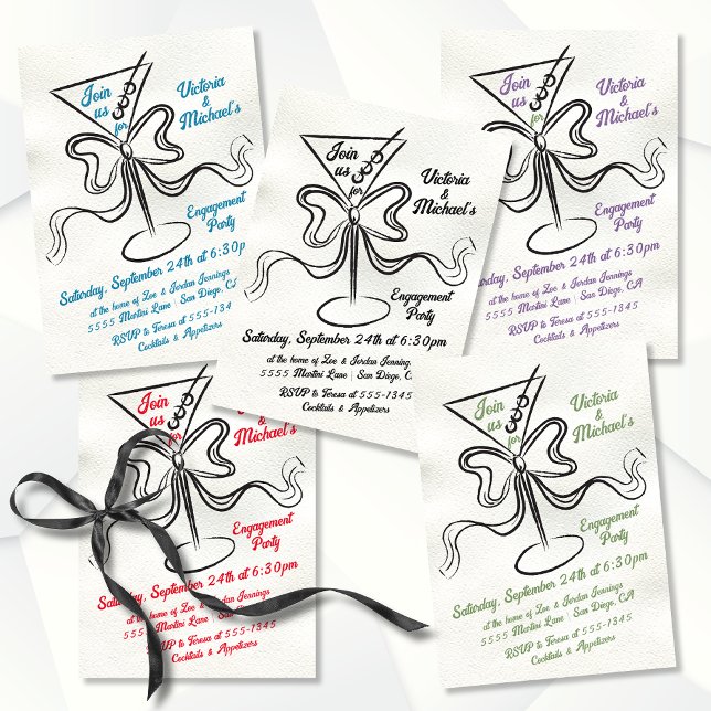 Hand Drawn Martini Bow Funky Engagement Party Invitation (Creator Uploaded)