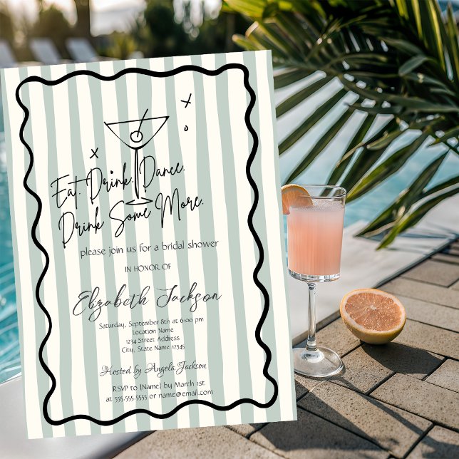  Hand-Drawn Martini Green Stripes Bridal Shower Invitation (Creator Uploaded)