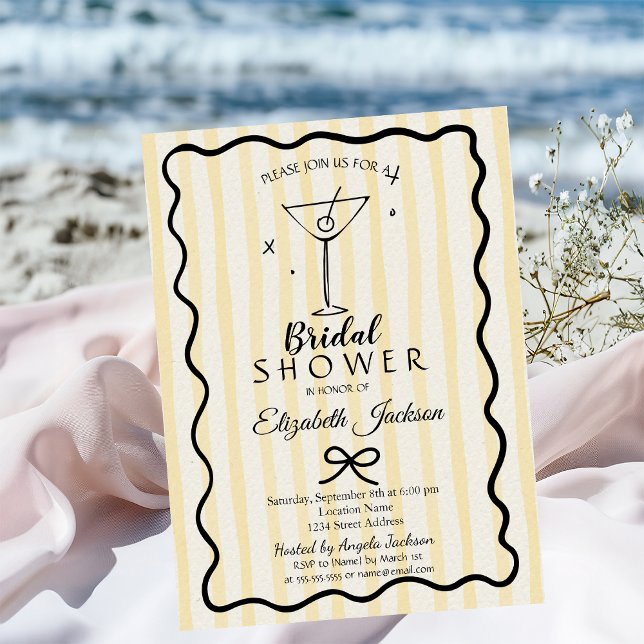 Hand-Drawn Martini Yellow Striped Bridal Shower  Invitation (Creator Uploaded)