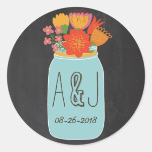 Hand Drawn Mason Jar & Flowers Chalkboard Monogram Classic Round Sticker