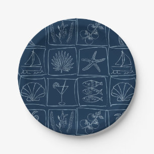 Hand-Drawn Mediterranean Coastal Tile Navy Paper Plate