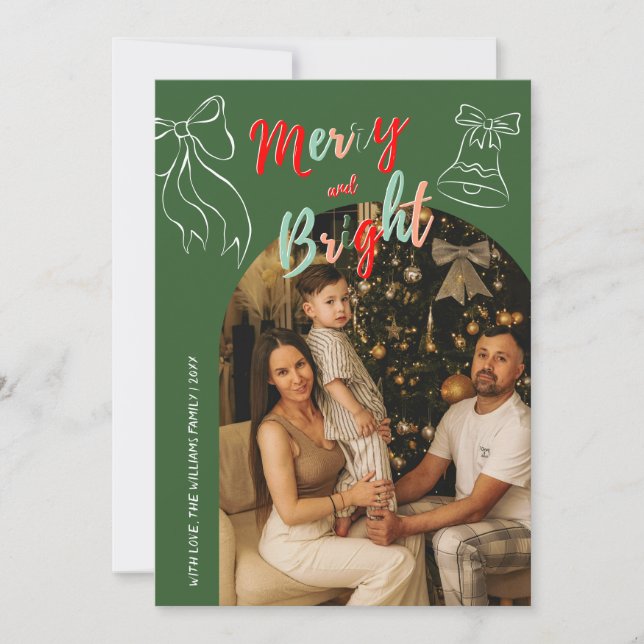 Hand Drawn Merry and Bright Arch Photo Christmas Holiday Card (Front)