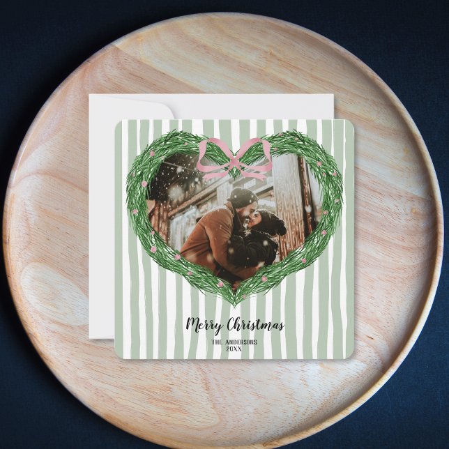 Hand Drawn Merry Christmas Heart Wreath Photo  Invitation (heart shaped christmas wreath with a pink bow)