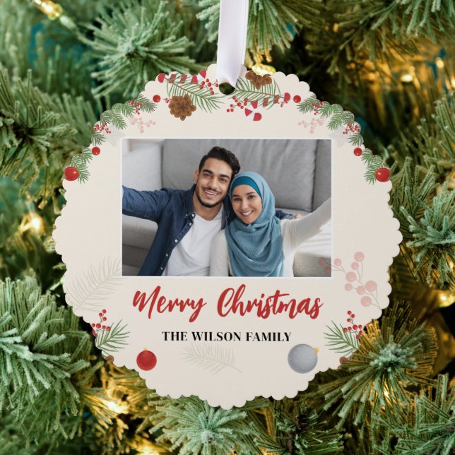 Hand Drawn Merry Christmas One Photo Ornament Card (Insitu (Tree))