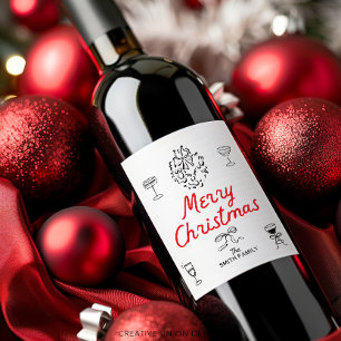 Hand Drawn Merry Christmas Personalized Gift Wine Label