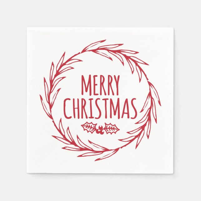 Hand Drawn Merry Christmas Wreath Holiday Napkins (Front)