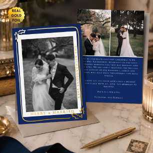 Hand Drawn Merry & Married Navy 3 Photo Christmas Foil Holiday Card