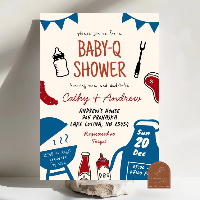 Hand Drawn Minimalist BaByQ Boy Baby Shower Invitation (Creator Uploaded)