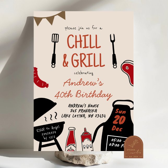 Hand Drawn Minimalist BBQ Chill and Grill Birthday Invitation (Creator Uploaded)