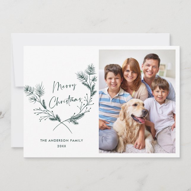 Hand Drawn Minimalist Christmas Wreath 4 Photo Holiday Card (Front)