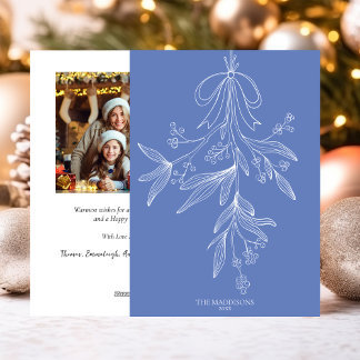 Hand Drawn Mistletoe & Bow Christmas Blue Holiday Card