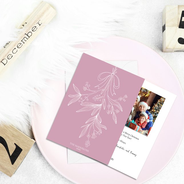 Hand Drawn Mistletoe & Bow Christmas Pink Holiday Card (Creator Uploaded)