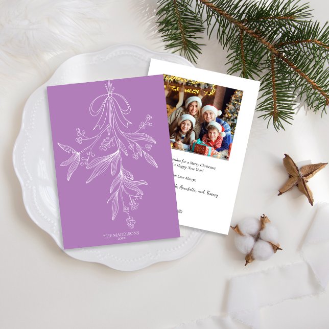 Hand Drawn Mistletoe & Bow Christmas Wisteria Holiday Card (Creator Uploaded)