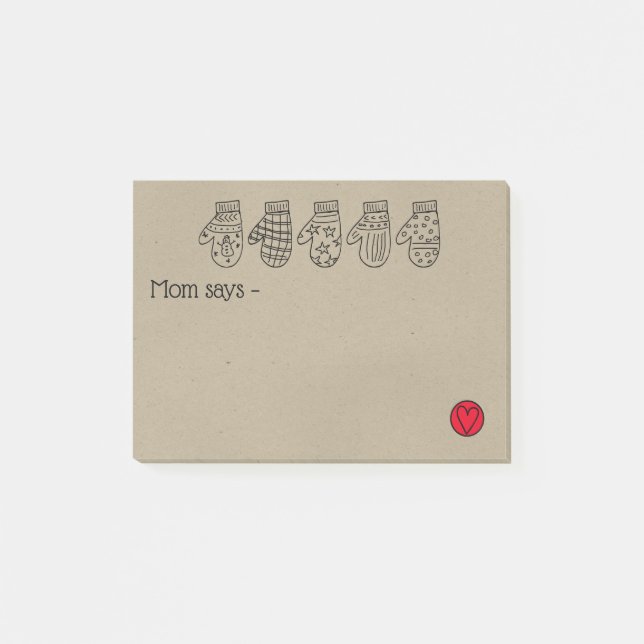 Hand Drawn Mittens and Heart for Mom Notes (Front)