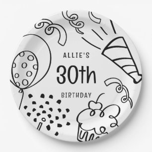 Hand Drawn Modern Birthday Any Age Black and White Paper Plate