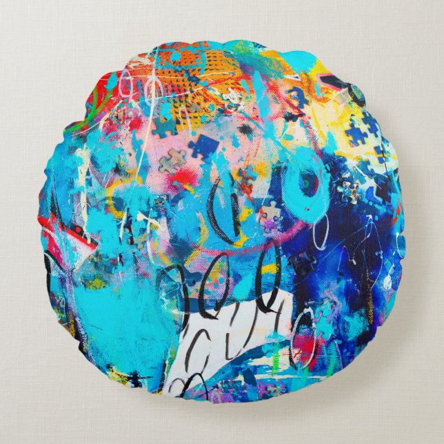  Hand drawn modern Multi Coloured mixed media art  Round Pillow (Front)