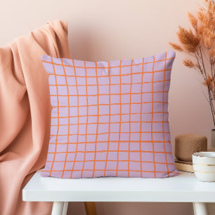 Hand Drawn Modern Purple and Vermilion Grid Throw Pillow