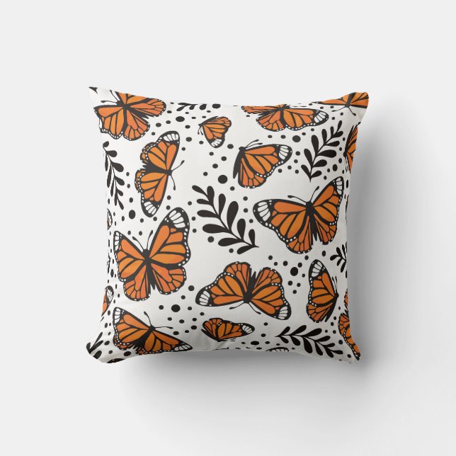 Hand-Drawn Monarch Butterfly Seamless Pattern Throw Pillow (Front)