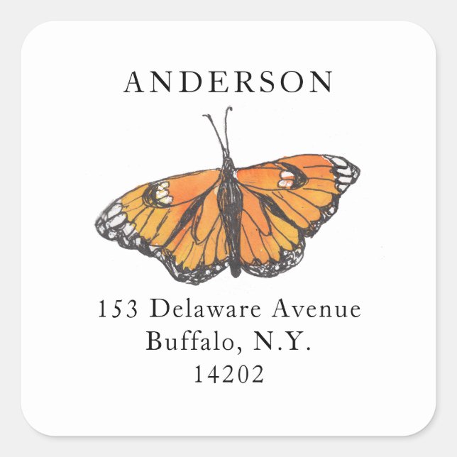Hand-Drawn Monarch Butterfly Square Return Address Sticker (Front)