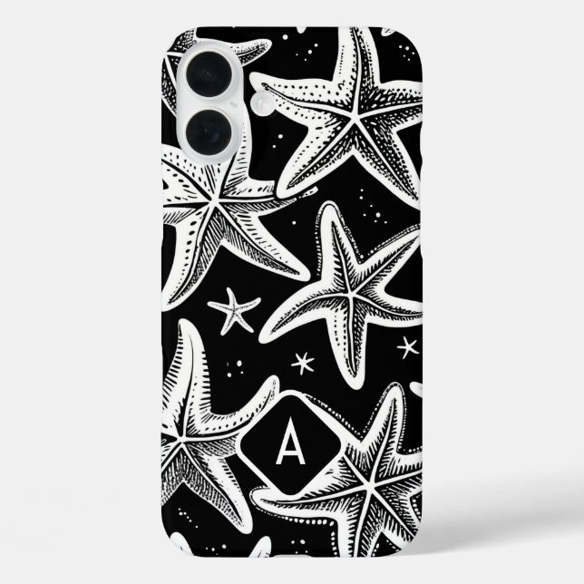Hand-Drawn Monogramed Starfish on Black Background Case-Mate iPhone Case (Back)