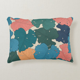 Hand drawn monstera leaves of orange, pink, blue accent pillow
