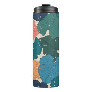 Hand drawn monstera leaves of orange, pink, blue thermal tumbler
