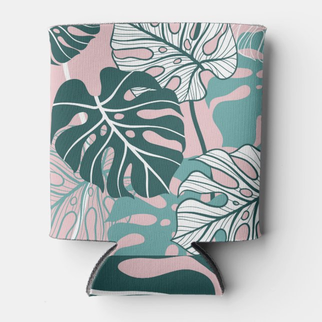 Hand-drawn monstera leaves, pink background. can cooler (Front)