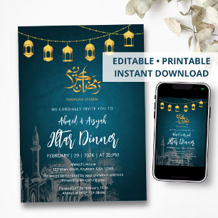 Hand-Drawn Mosque Sketch & Gold Lantern Iftar Invitation