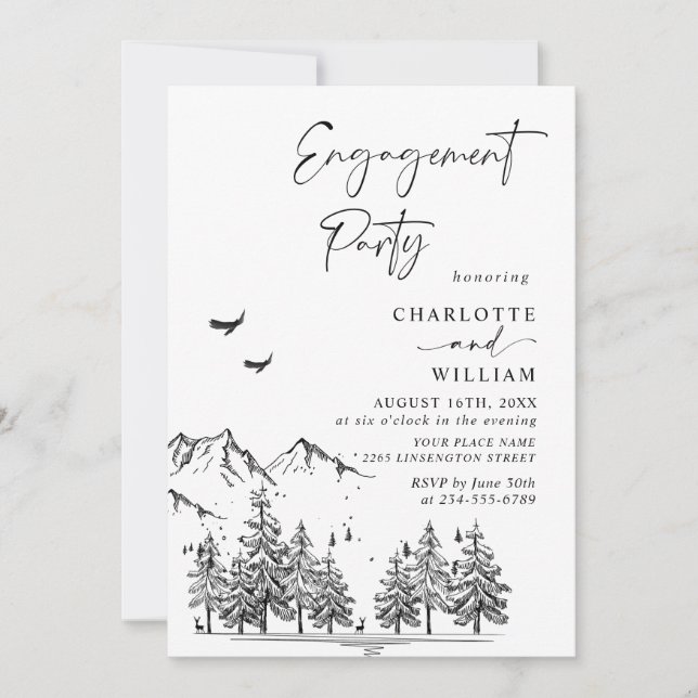 Hand Drawn Mountains Forest Engagement Party Invitation (Front)