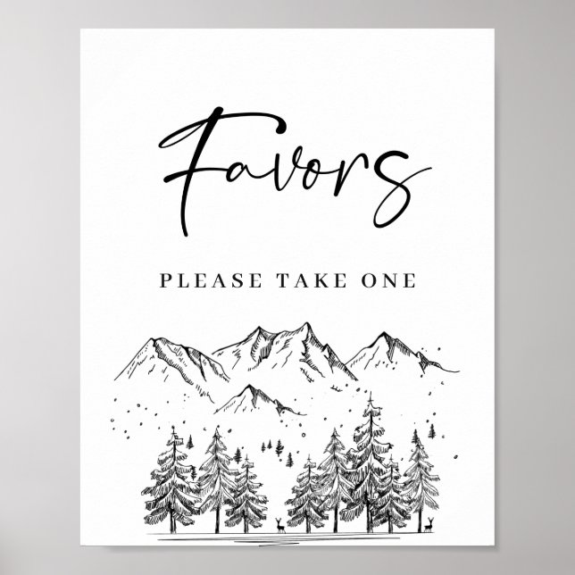 Hand Drawn Mountains Forest Favors Wedding Sign (Front)