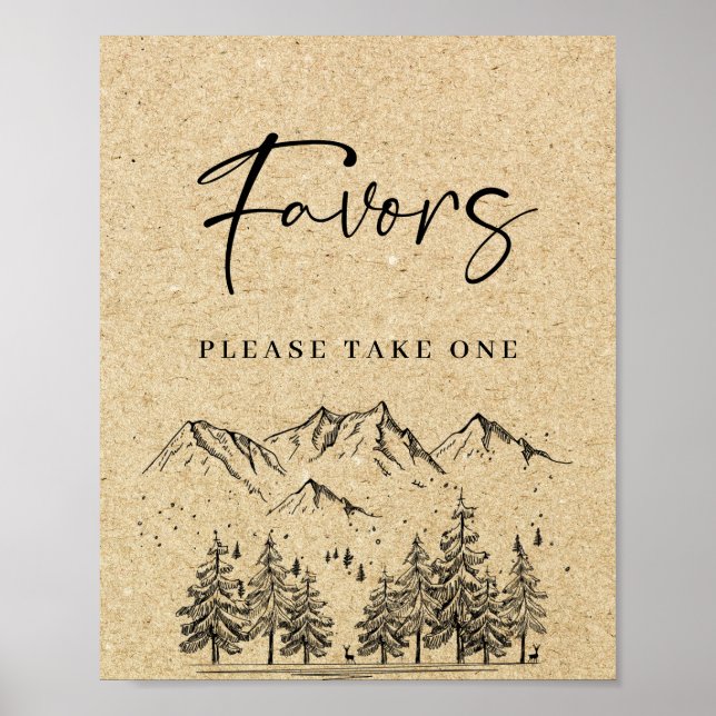 Hand Drawn Mountains Forest Favours Wedding Sign (Front)