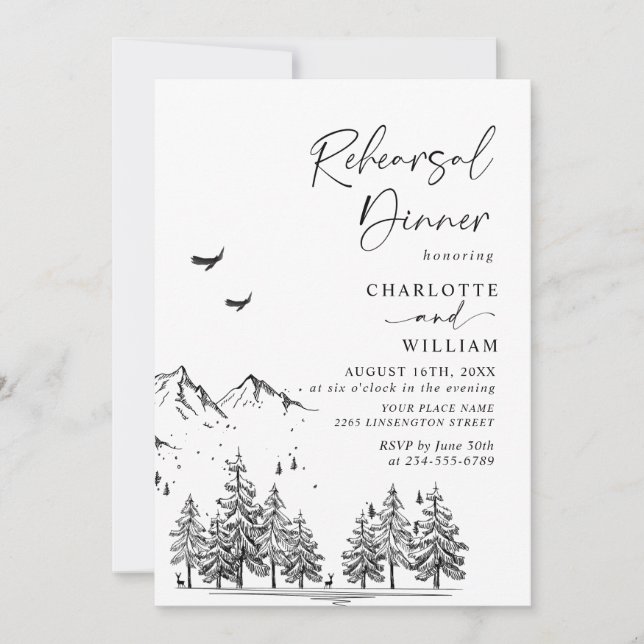 Hand Drawn Mountains Forest Rehearsal Dinner Invitation (Front)