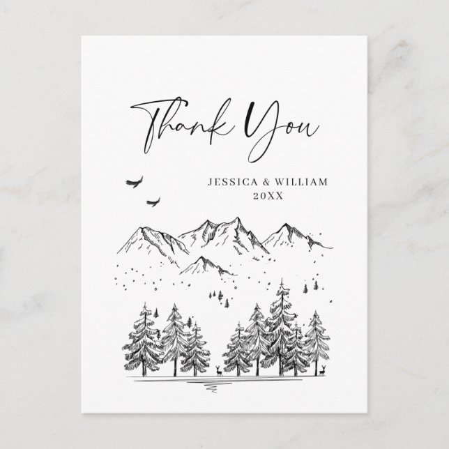Hand Drawn Mountains Forest Thank You Postcard (Front)