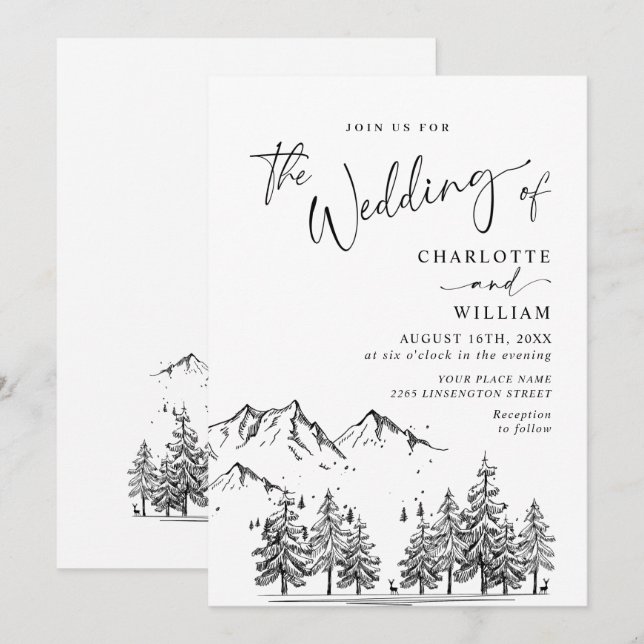 Hand Drawn Mountains Forest Wedding Invitation (Front/Back)