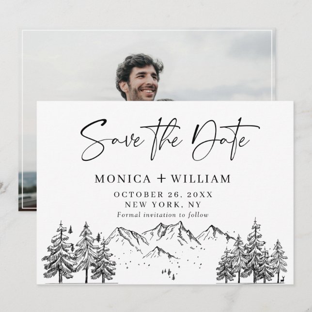 Hand Drawn Mountains Forest Wedding Photo  Save Th The Date (Front/Back)