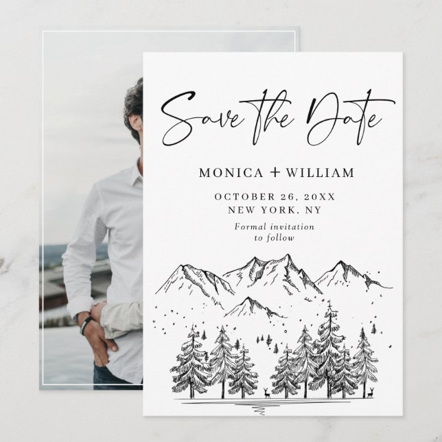 Hand Drawn Mountains Forest Wedding Save The Date (Front/Back)