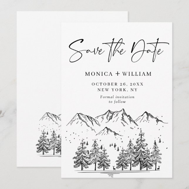 Hand Drawn Mountains Forest Wedding  Save The Date (Front/Back)