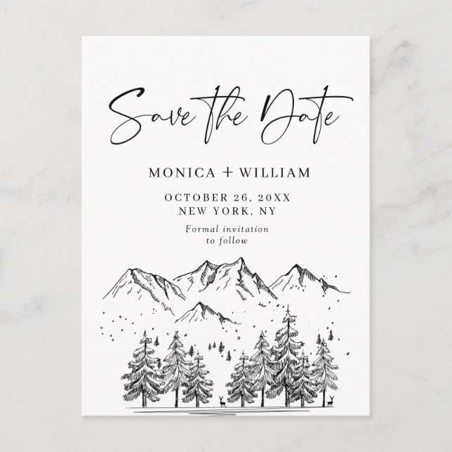 Hand Drawn Mountains Forest Wedding Save the Date  Postcard (Front)