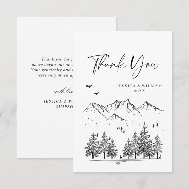 Hand Drawn Mountains Forest Wedding Thank You Card (Front/Back)