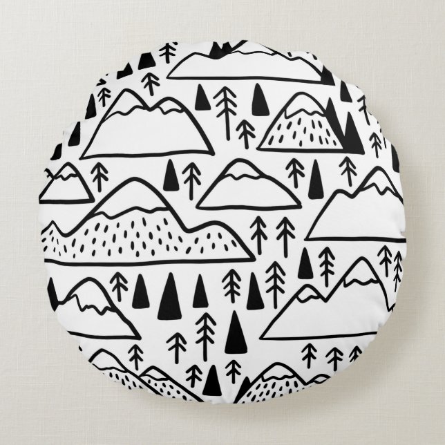 Hand drawn mountains set. collection with mountain round pillow (Front)