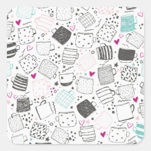 Hand-drawn mug pattern, seamless design. square sticker