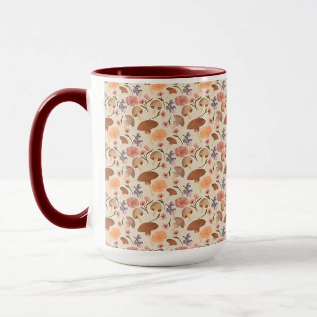 Hand Drawn Mushrooms and Flowers Neutral Mug (Left)