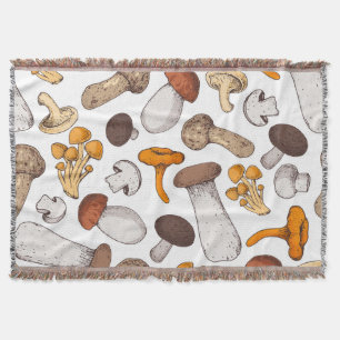 Hand-drawn mushrooms: food background. throw blanket